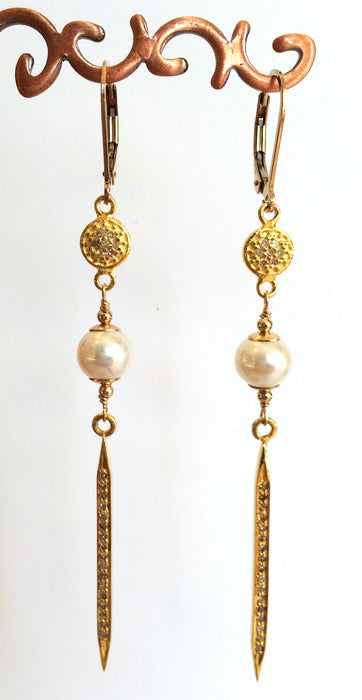 Long Pave Diamond and Pearl Earrings
