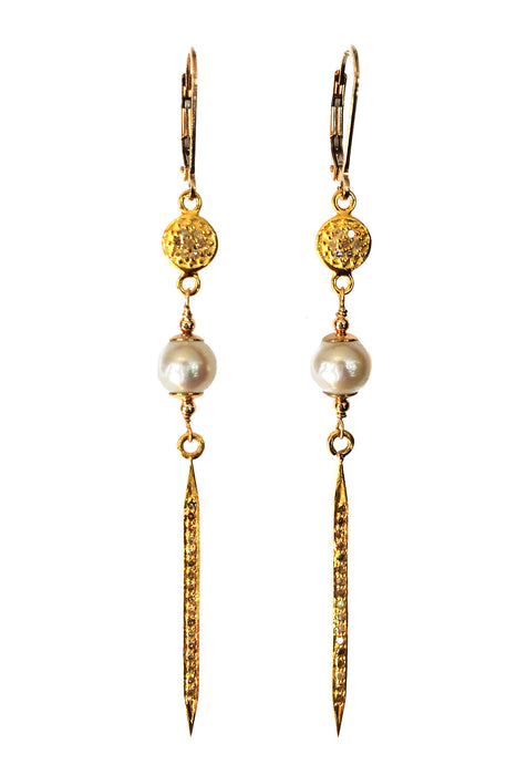 Long Pave Diamond and Pearl Earrings